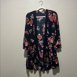 Maurices Blue Floral Dolman Sleeve Kimono Cardigan Size M Lace Trim Ruffle Edge